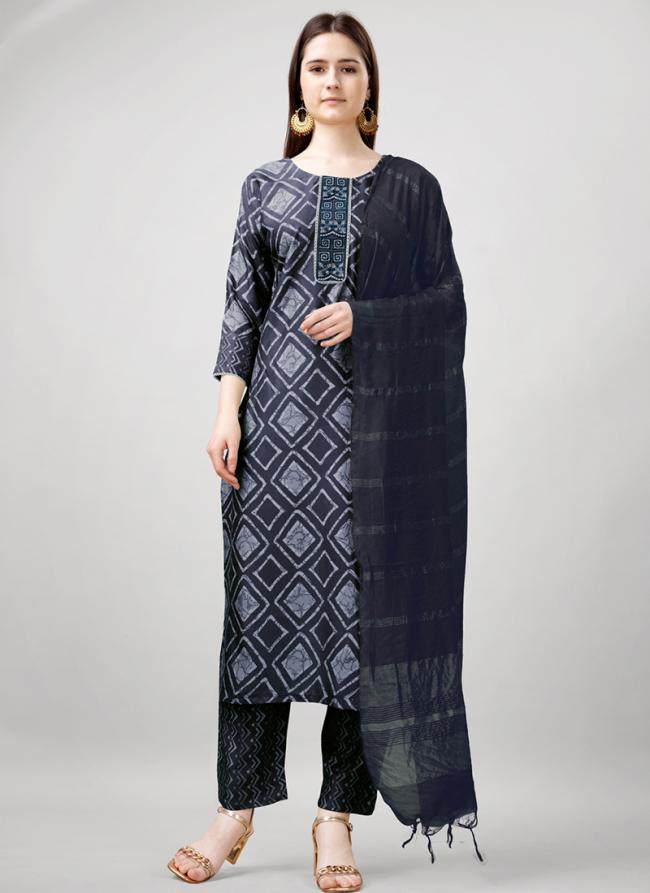 Rayon Navy Blue Festival Wear Printed Readymade Straight Suit